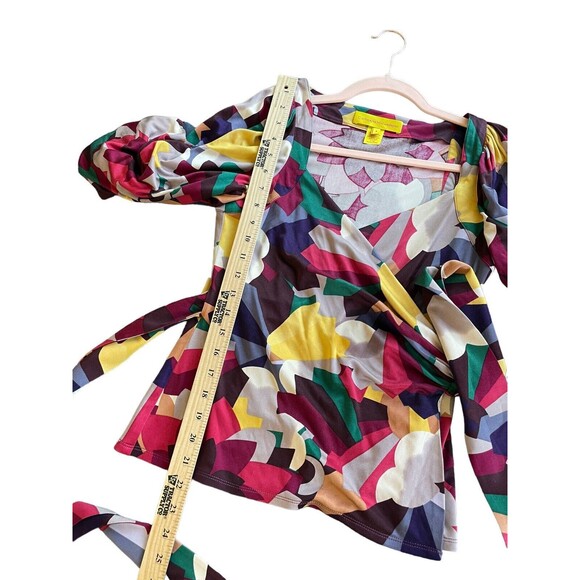 CATHERINE MALANDRINO‎ 100% SILK ABSTRACT PRINT BELL SLEEVE WRAP FRONT BLOUSE P - Picture 8 of 10